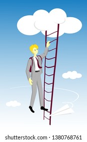 Businessman climbing up the rope ladder with paper plane flying by. Career success and achievement concept. Idea of ease, tranquility, start up and personal growth. Vector illustration in flat cartoon