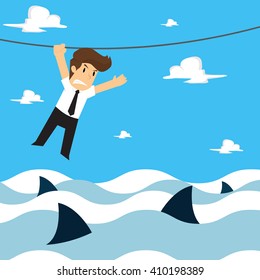 businessman climbing a rope, the risk in the sea. vector