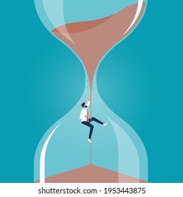 Businessman climbing up sand in hourglass, losing time, Work Efficiency Financial Profit Time Management