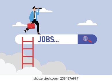 Businessman climbing to a search bar looking for work with a telescope 2D flat vector concept for banner, website, illustration, landing page, flyer, etc