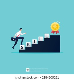 Businessman climbing skill word to the top. Skill improvement an development. New level progress and professional growth vector illustration