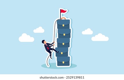 A businessman climbing a stack of briefcases with a rope, illustration of career advancement in progress toward becoming a top-level employee  