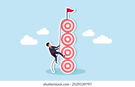 A businessman climbing a stack of target boards with a rope, illustration of progress in achieving business goals  