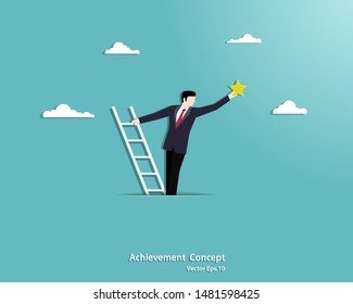 Businessman climbing a stair ladder on the clouds and reaching for the stars. Business concept, Achievement, Vector illustration flat