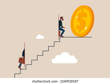 Empresario escalando escalera con atajo especial para el éxito. Enriquecerse rápidamente o estrategia para alcanzar el objetivo. Ilustración vectorial plana moderna.