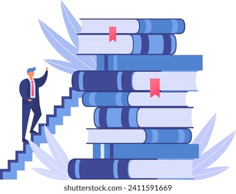 Businessman climbing stairs of book pile. Male executive ascending steps on large stack of books. Personal growth through education vector illustration.