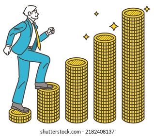 Businessman Climbing Up The Stairs Of A Coin. Concept Of Increasing Annual Income And Asset Management [Vector Illustration].