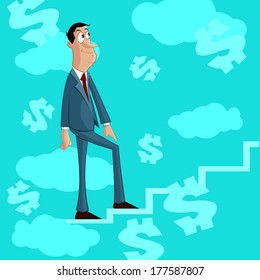 Businessman climbing stairs with dollar backdrop, Success Concept