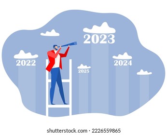 businessman climbing stairs to look through telescope opportunities and targets Visionary sees the future.Year 2023 outlook economic forecast or future vision