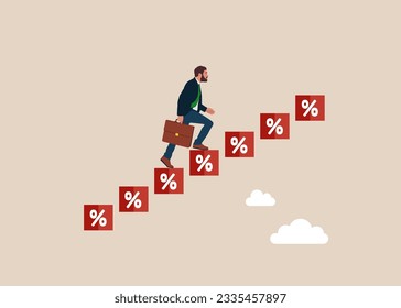 Businessman is climbing stairs made of cube block with percentage symbol icon. Modern flat vector illustration.