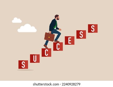 Businessman is climbing stairs made of cubes lettering success word. Modern flat vector illustration.