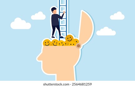 A businessman climbing stairs made of a head filled with happy emoticons, illustration of ignoring and escaping false market attention