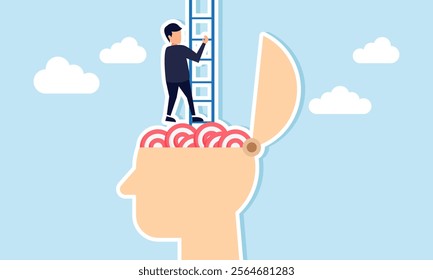 A businessman climbing stairs made of a head filled with target boards, illustration of ignoring and escaping from business targets