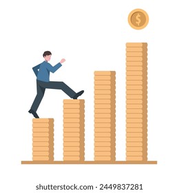 businessman climbing stairs, money diagram, money, coins, profit business, finance, suitable for business theme.