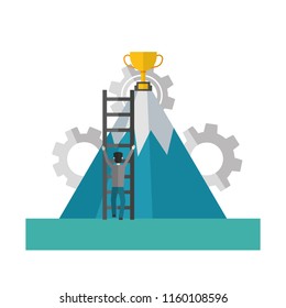 businessman climbing stairs mountain trophy success