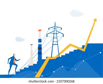 Businessman climbing up with the stairs next to High-voltage power line and electricity power station in an industrial area. Energy supply, energy crisis. 