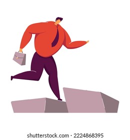 Businessman climbing stairs over obstacle. Male employee climbing up on top of career ladder. Vector illustration for business, career, leadership