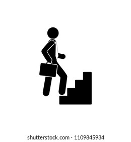 Businessman Is Climbing Up The Stairs, Pictogram Man, Icon Person Is Walking, Stick Figure Human Silhouette