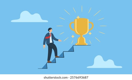 Businessman climbing stairs reaching a trophy key symbolizes success, goal, victory, and achievement. Suitable for business, achievement, success concepts in design.