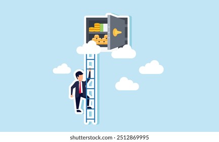 A businessman climbing stairs to a safe of money and gold in the clouds, illustration of The progress and methods a businessman uses to gather as many assets as possible