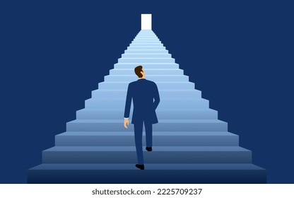 Businessman climbing the stairs toward bright door, success, progress, opportunity concept