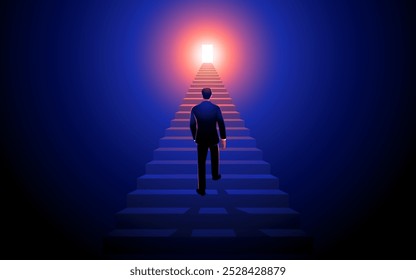 Businessman climbing stairs toward a brightly lit door in a dark room. Concepts of ambition, success, new opportunities, career growth, overcoming challenges, and reaching goals