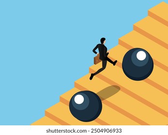 Businessman climbing stairs while dodging obstacles 3d isometric vector illustration