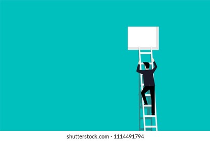 Businessman climbing stairs up to the window. Business leader success. Concept flat vector illustration