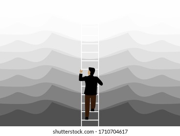 Businessman is climbing up stairway first step toward goal against all barrier and problem. Business competition, the way to success, achievement, leadership and milestone concept.