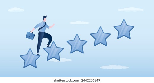 Businessman climbing star ladder step by step to reach five-star level. Reward and motivation ideas. Improving quality of business and services. Improving ratings and skills. flat vector illustration