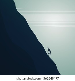 Businessman climbing steep mountain vector concept. Business symbol of challenge in corporate world. Eps10 vector illustration.