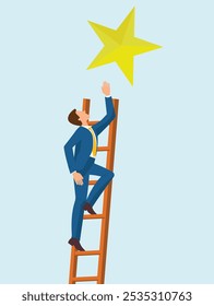 a businessman climbing a stepladder towards a five-pointed star.  The businessman is wearing a suit and tie. The star is positioned above him, suggesting a goal or aspiration. reach a goal.