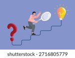 Businessman climbing steps from question mark to lightbulb with magnifying glass representing problem solving journey. A concept of finding creative solution, strategic analysis, and innovation steps.