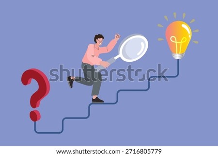 Businessman climbing steps from question mark to lightbulb with magnifying glass representing problem solving journey. A concept of finding creative solution, strategic analysis, and innovation steps.