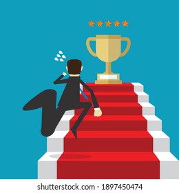 Businessman climbing steps to trophy, Vector illustration in flat style