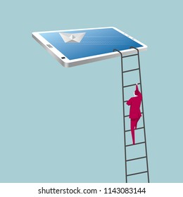 Businessman climbing tablet using ladder. The background is blue.