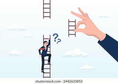 Businessman climbing up to top of broken ladder with huge helping hand to connect to reach higher, helping hand, business support to reach career target or help to climb up ladder of success (Vector)