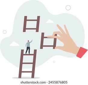 businessman climbing up to top of broken ladder with huge helping hand to connect to reach higher.flat vector illustration.