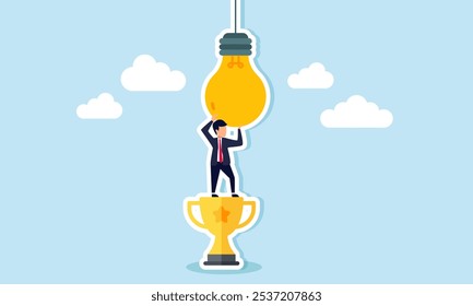 A businessman climbing a trophy as a step to fix a lamp, illustration of the best effort and dedication in obtaining business ideas and innovations