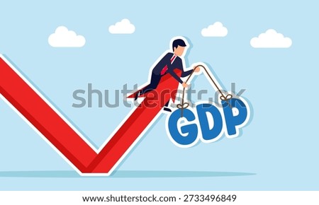 Businessman climbing upward arrow while carrying GDP text with rope illustrating national gross domestic product growth