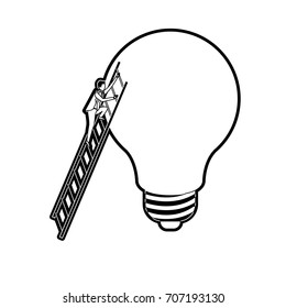 businessman climbing wooden stairs in a big light bulb black silhouette and thick contour vector illustration