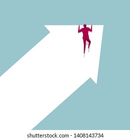 Businessman climbs up the arrow symbol. Isolated on blue background.