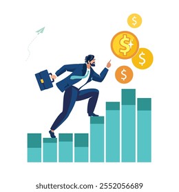 Businessman climbs up the bar chart on the way to success Achieving the goal of increasing sales. Financial growth, gold dollar pennies. Statistics analytic, business presentation. Vector illustration