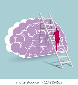 Businessman climbs the brain from the ladder. The background is blue.