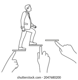 Businessman climbs the career ladder. Human hands helping him climb. Hand drawn vector illustration. Black and white.