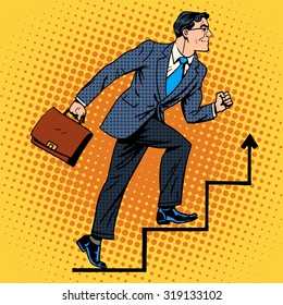 Businessman climbs up the career ladder retro style pop art