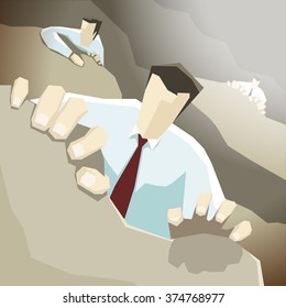 Businessman climbs up the cliff, but other competitors trying to win