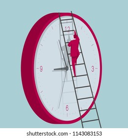 Businessman climbs the clock using a ladder. The background is blue.