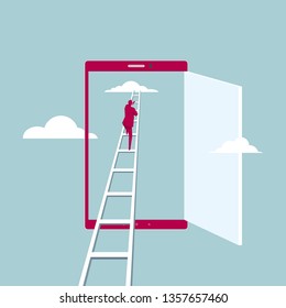 Businessman climbs the cloud from the ladder. Go through the phone. Isolated on blue background.