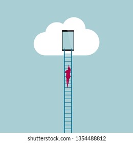 Businessman climbs up the clouds using a ladder. Isolated on blue background.